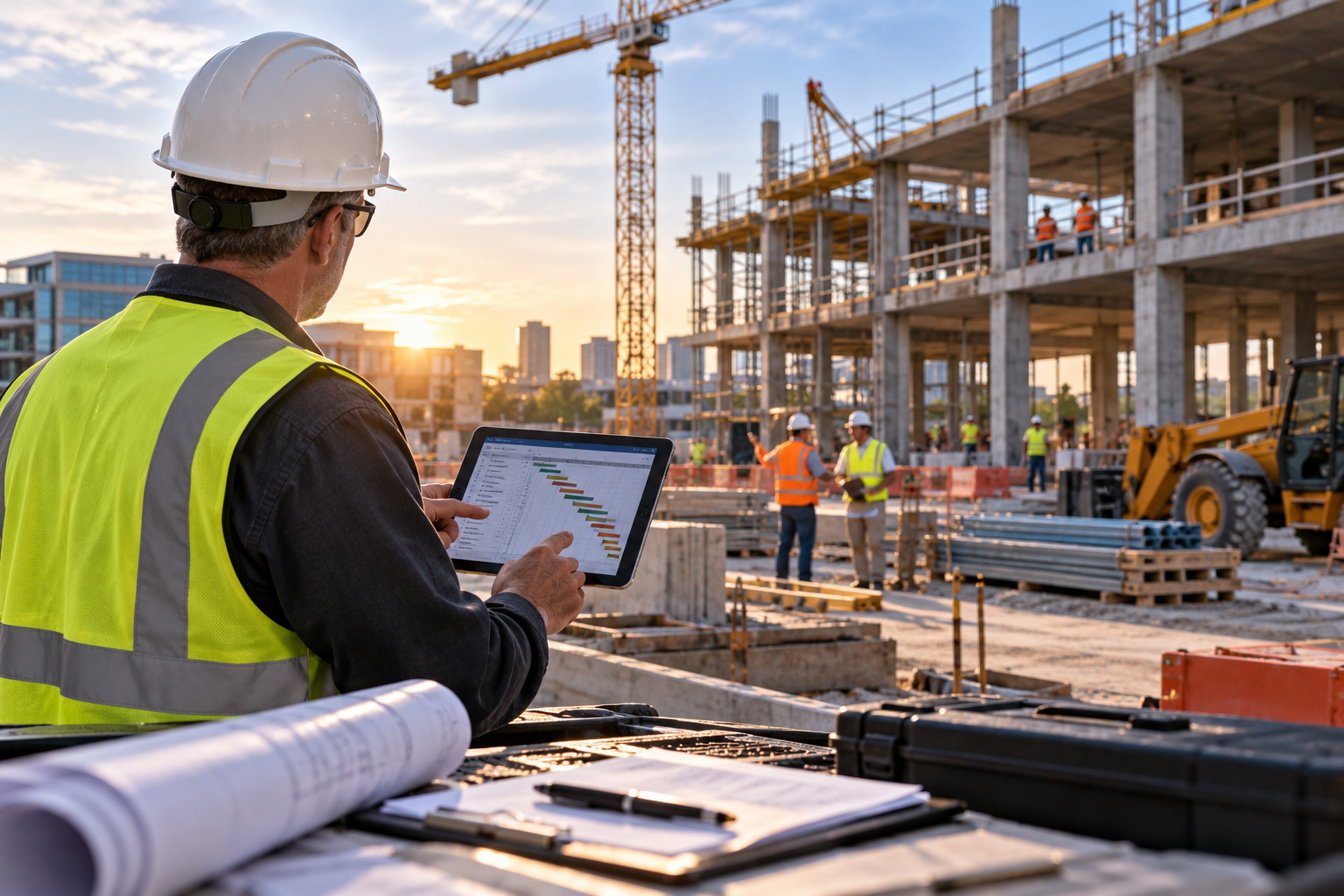 FOND project recovery professional assessing construction progress, schedule and project conditions on an active jobsite