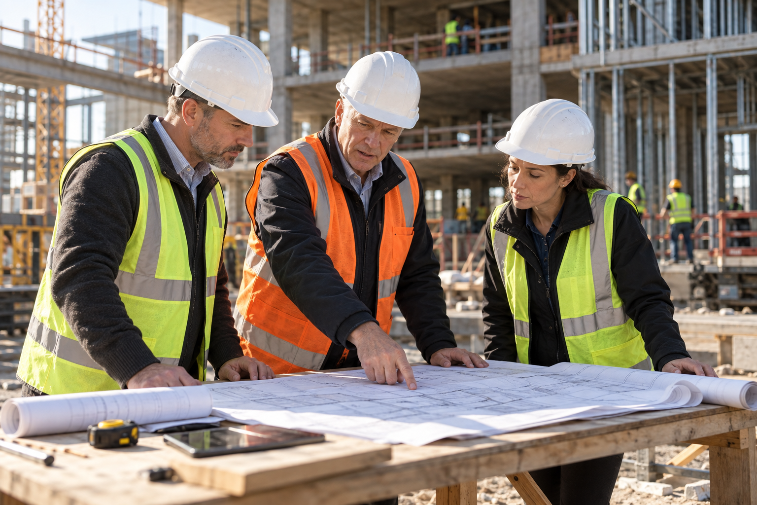 FOND Owner’s Representation professionals reviewing construction plans on an active project site