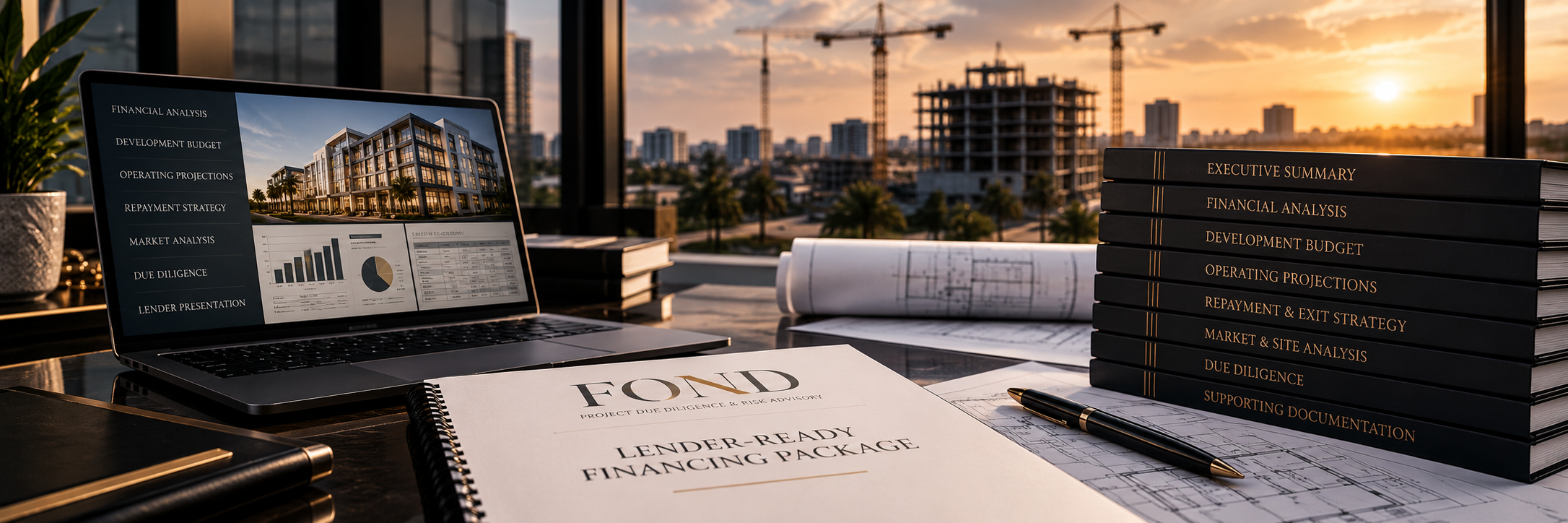 FOND lender-ready financing package with financial analysis, due diligence, development budget, and commercial project documentation